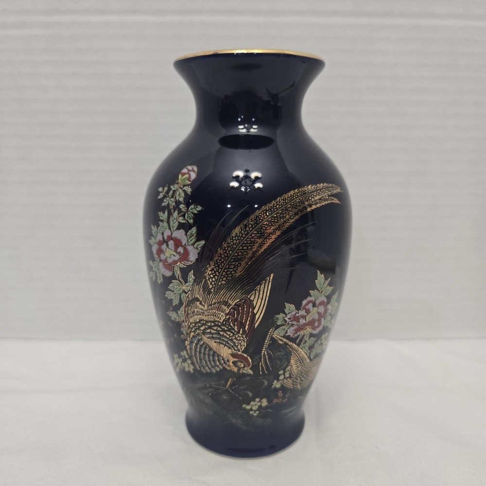 Vtg Asahi Sato Gordon Collection Cobalt Blue Vase 6" Pheasant Japan Gold Trim